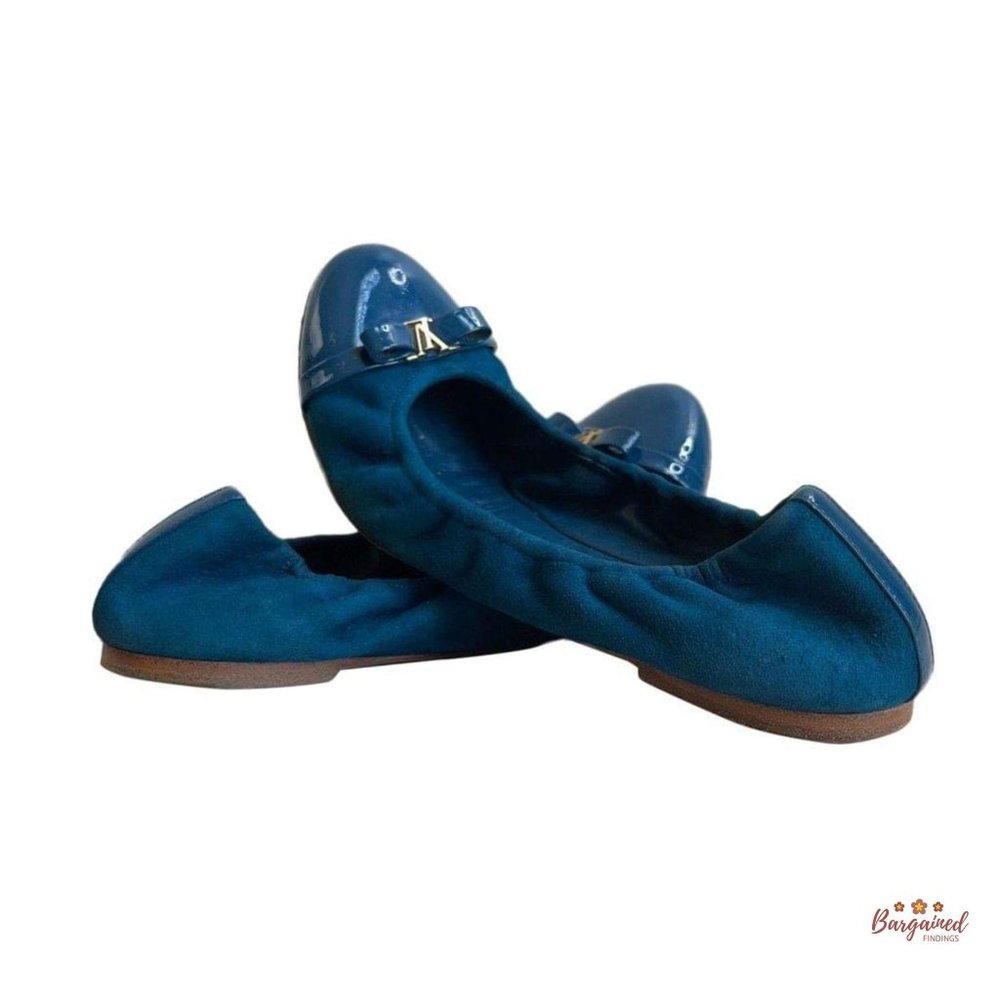 Authentic Louis Vuitton Blue Green Suede Patent Elba Elastic Ballerina Flats 7